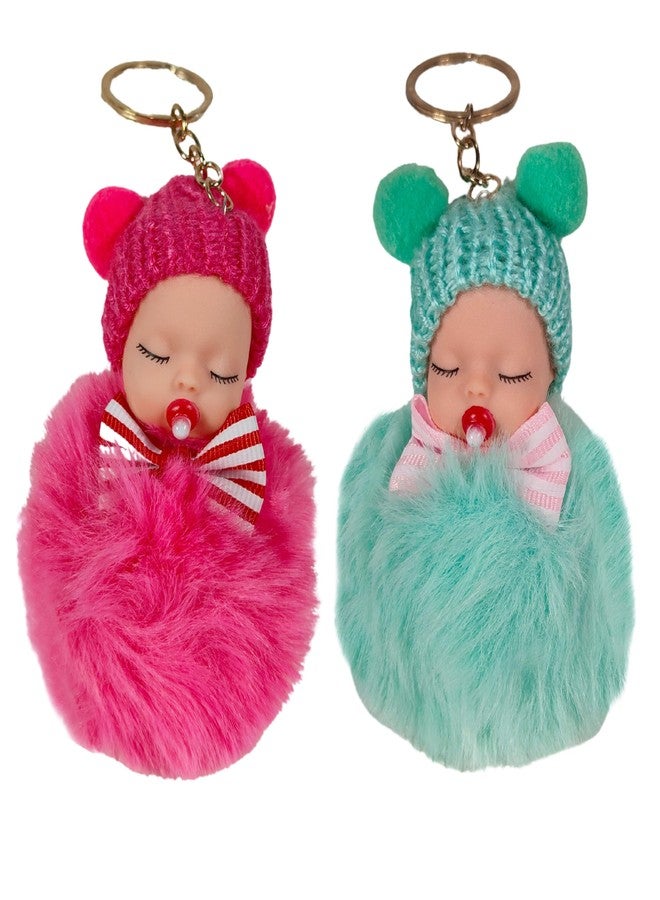 ZAFCO Mini Plush Pom Pom Doll Keychain - Cute Sleeping Baby Key Ring for Girls || Fluffy Bag Charm for Women, Girls, Backpack & Purse Accessories Multicolor Random- 2 Pieces (Mini Doll Keychain 3) - Image 1